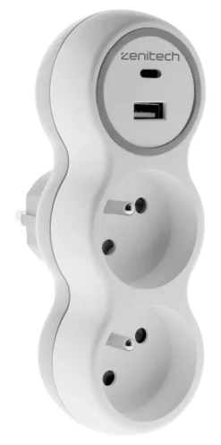 New ZENITECH Biplite 16A + chargeurs USB A+C blanc/gris bolea