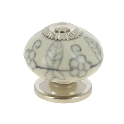Discount Bouton 40 mm en céramique blanc motif gris base nickelée x2