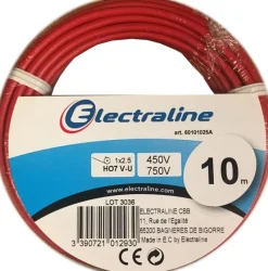 New ELECTRALINE Câble H07 VU rouge 2,5mm 10M