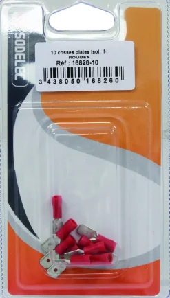 Outlet Cosse plate mâle isolée rouge 6,3X0,8 (x10)