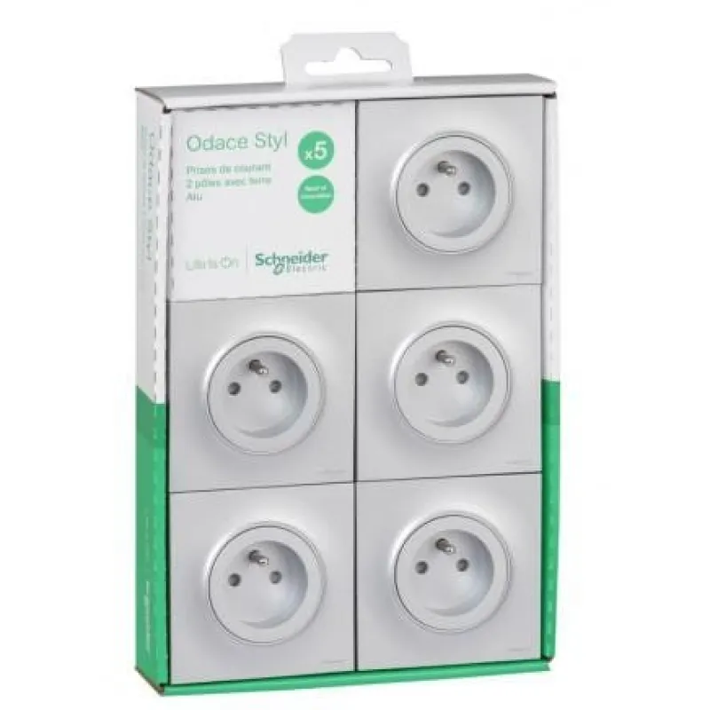SCHNEIDER Lot de 5 prises 2 pôles Odace plaque style aluminium + terre