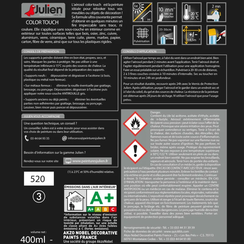 JULIEN Peinture Aérosol Color Touch Satin Bleu Gris 400 ml