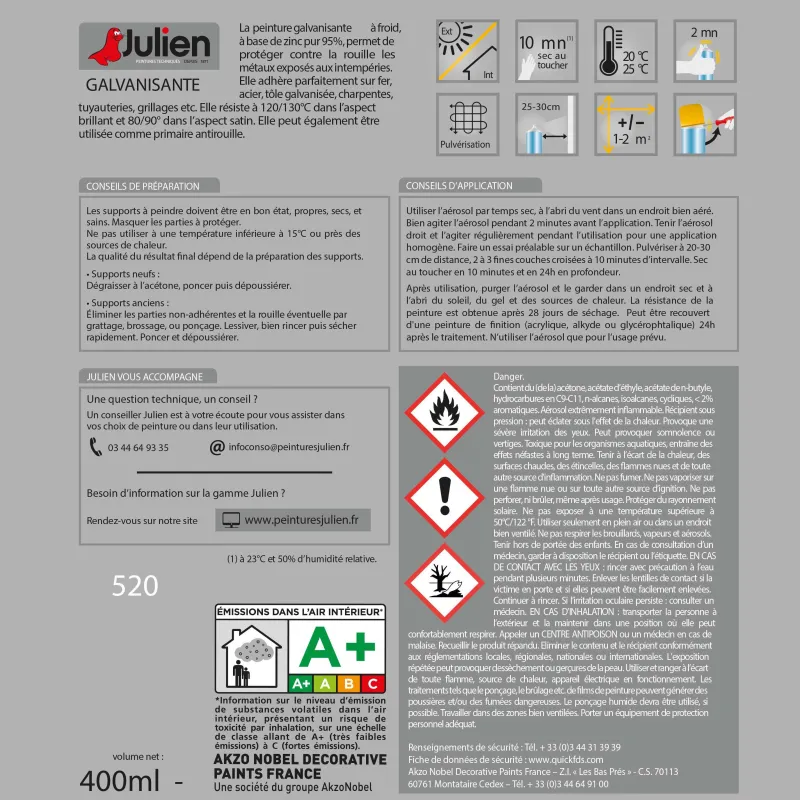 JULIEN Peinture Aérosol Vernis Universel Brillant Incolore 400 ml