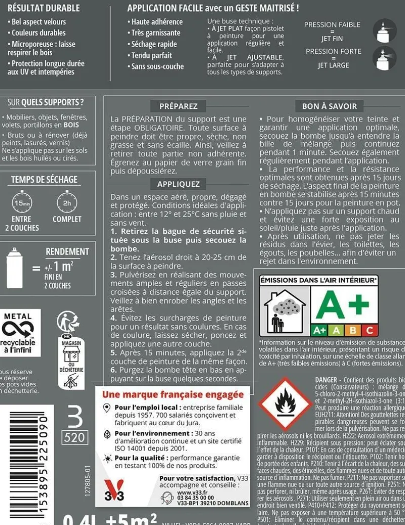 New V33 Peinture bois aérosol couleurs d'ici vert pastel 400ml
