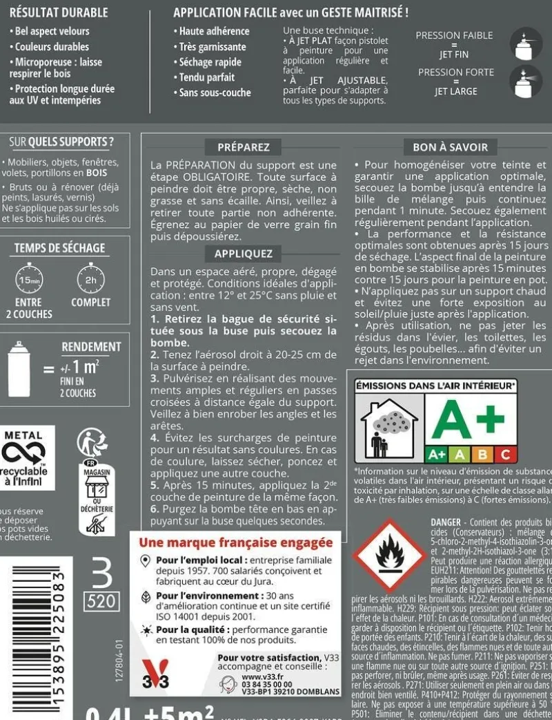 Discount V33 Peinture bois aérosol couleurs d'ici bleu grisé 400ml
