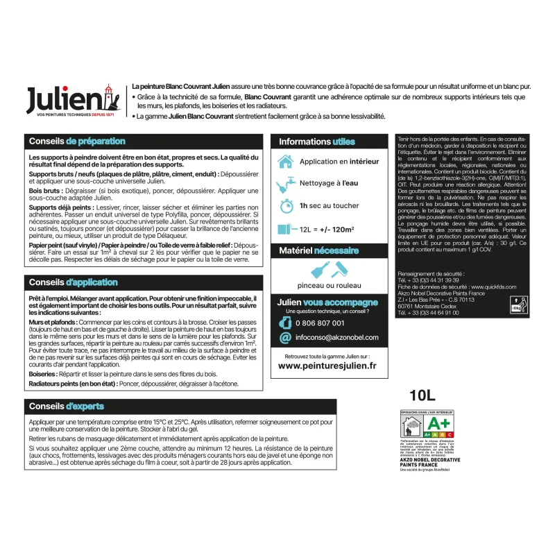 Sale JULIEN Peinture intérieure Blanc Couvrant mat base white 10L