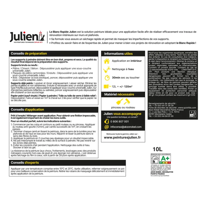 Discount JULIEN Peinture intérieure Blanc rapide mat base white 10L