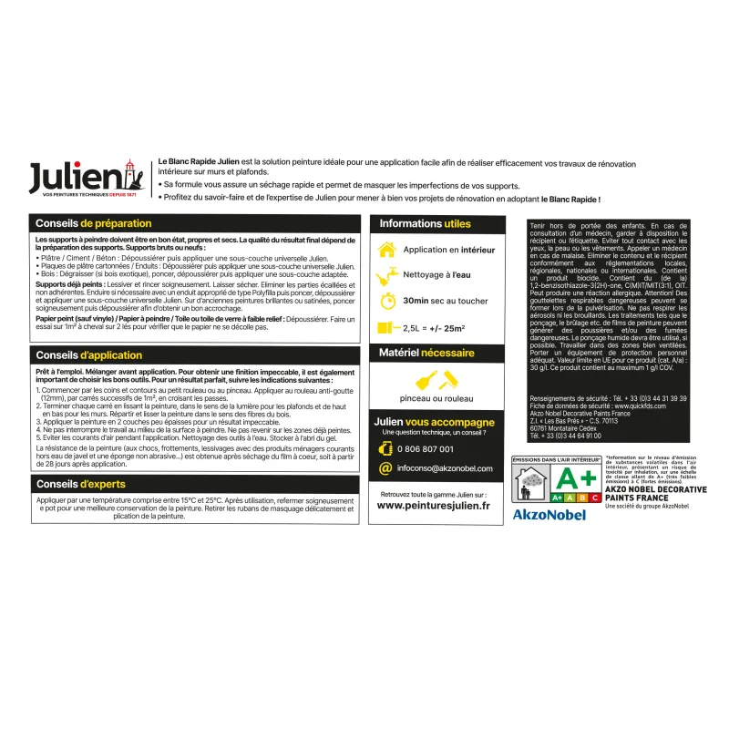 Online JULIEN Peinture intérieure Blanc rapide mat base white 2.5L