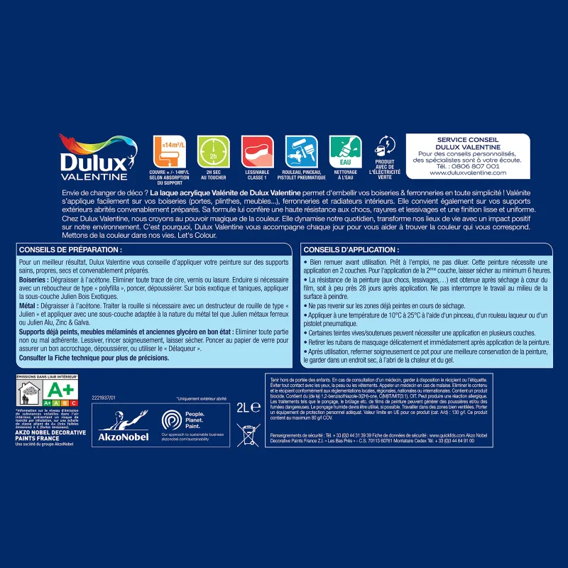 Sale DULUX VALENTINE Peinture laque acrylique Valénite Vert Basque Satin 2L