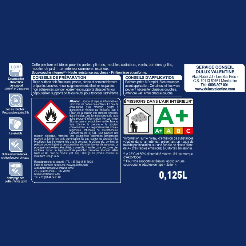 Clearance DULUX VALENTINE Peinture laque Valénite satin blanc 0,125 L