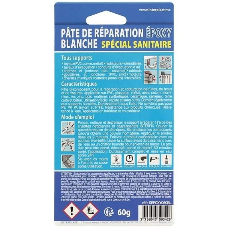 Discount INTERPLAST Pâte de réparation époxy Blanche Interfix 60g