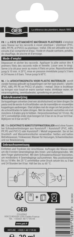 GEB Pâte d'étanchéité pour raccords plastiques à visser 20ml