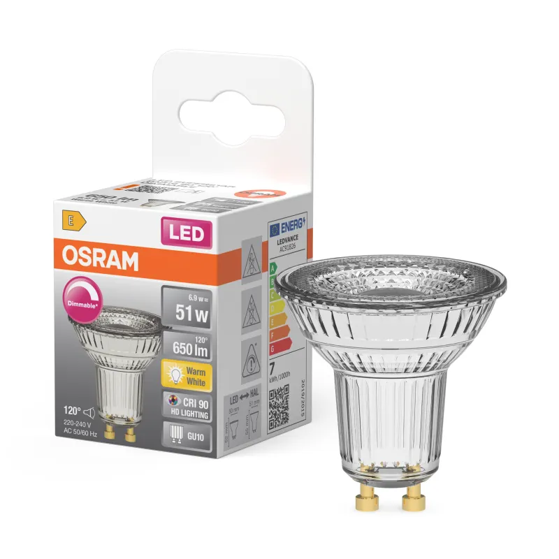 Hot OSRAM Spot PAR16 LED 120° verre variable 6.9W=51 GU10 chaud